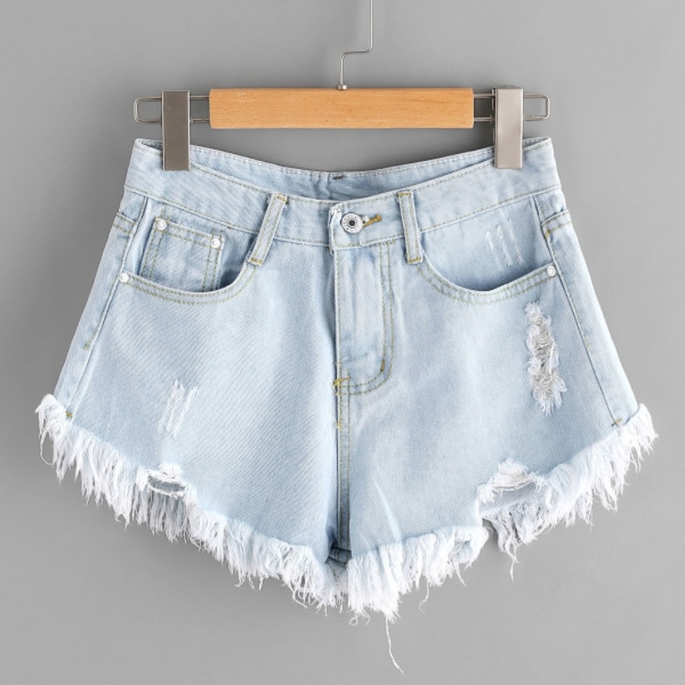 SHEIN Bleach Wash Ripped Frayed Hem Denim Shorts